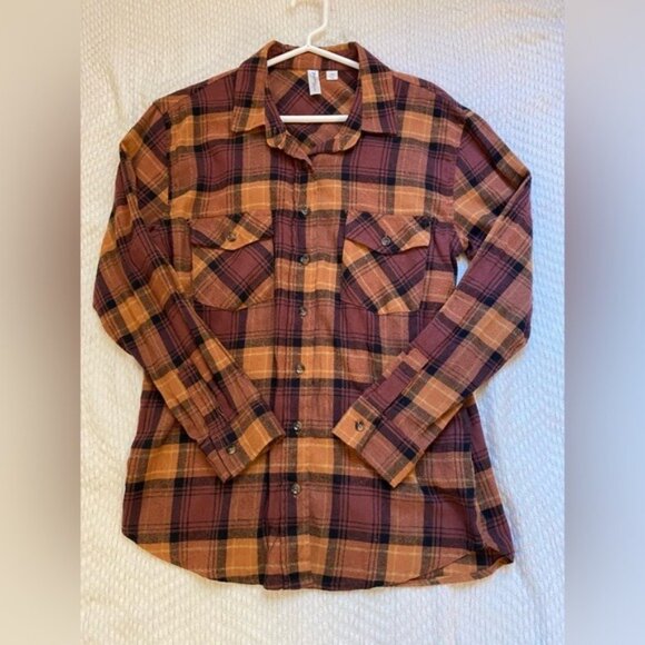 Women's Copper Rust Plaid Flannel Button-Down Shirt By Young Hearts Size M - Picture 1 of 6